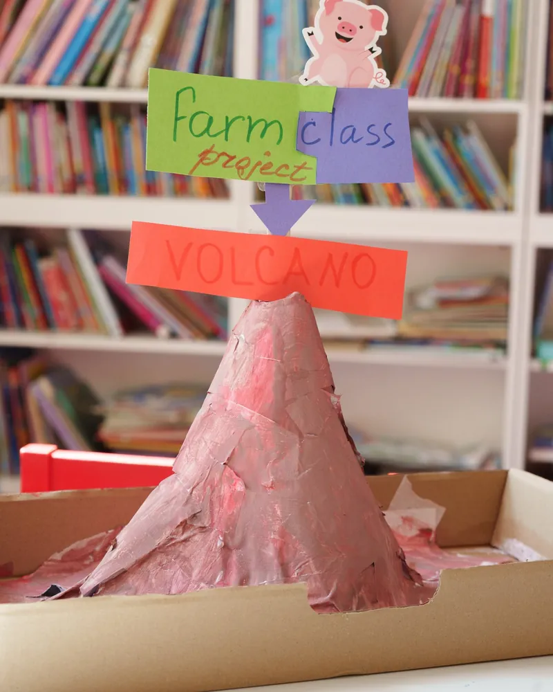A class project volcano labelled by the children